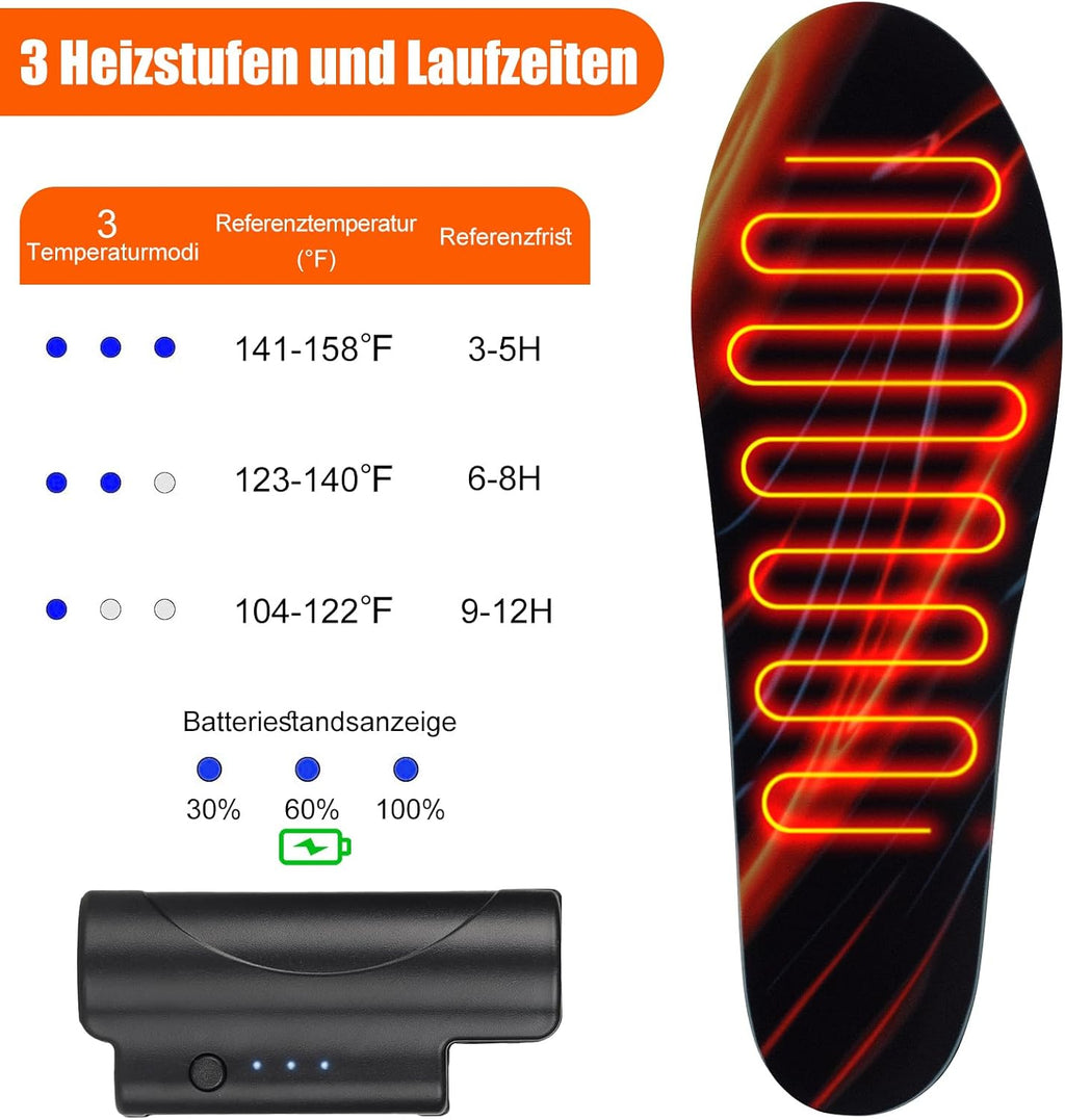 Heated Insoles, Heated Insoles Rechargeable, Foot Warmers with 3 Heating Levels, for Men and Women, Skiing, Hunting