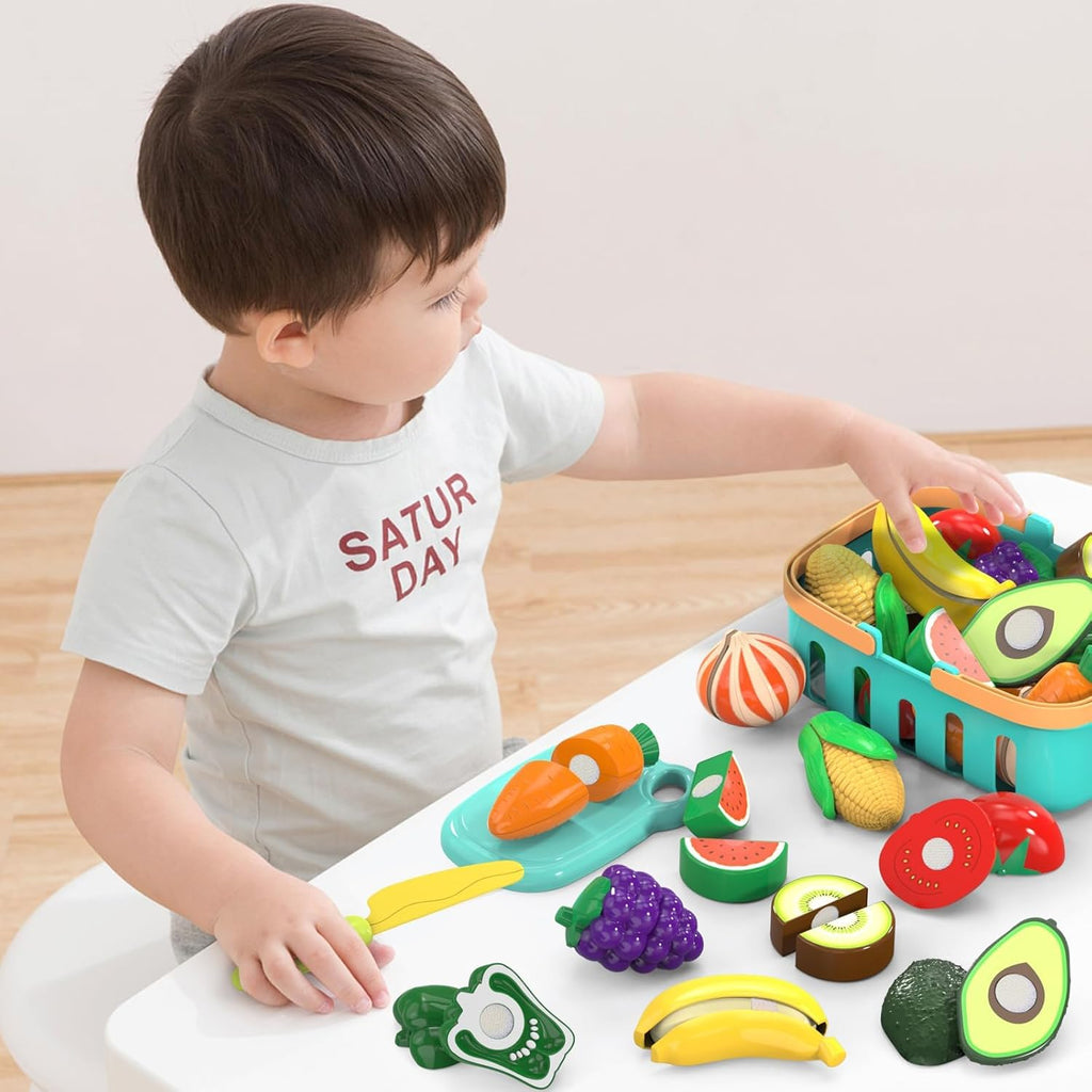 Cutting Play Food Toys For Kids, Pretend Play Kitchen Accessories, Fake Fruits/Vegetables Set With Shopping Storage