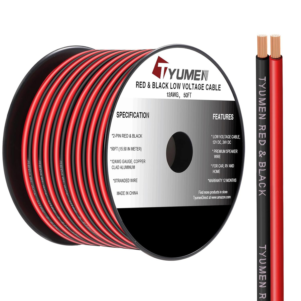 12 Gauge Red Black Wire 50FT, 12/2 AWG Electrical Wire 12V/24V DC Cable, 12AWG 2 Conductor Flexible Copper Claded