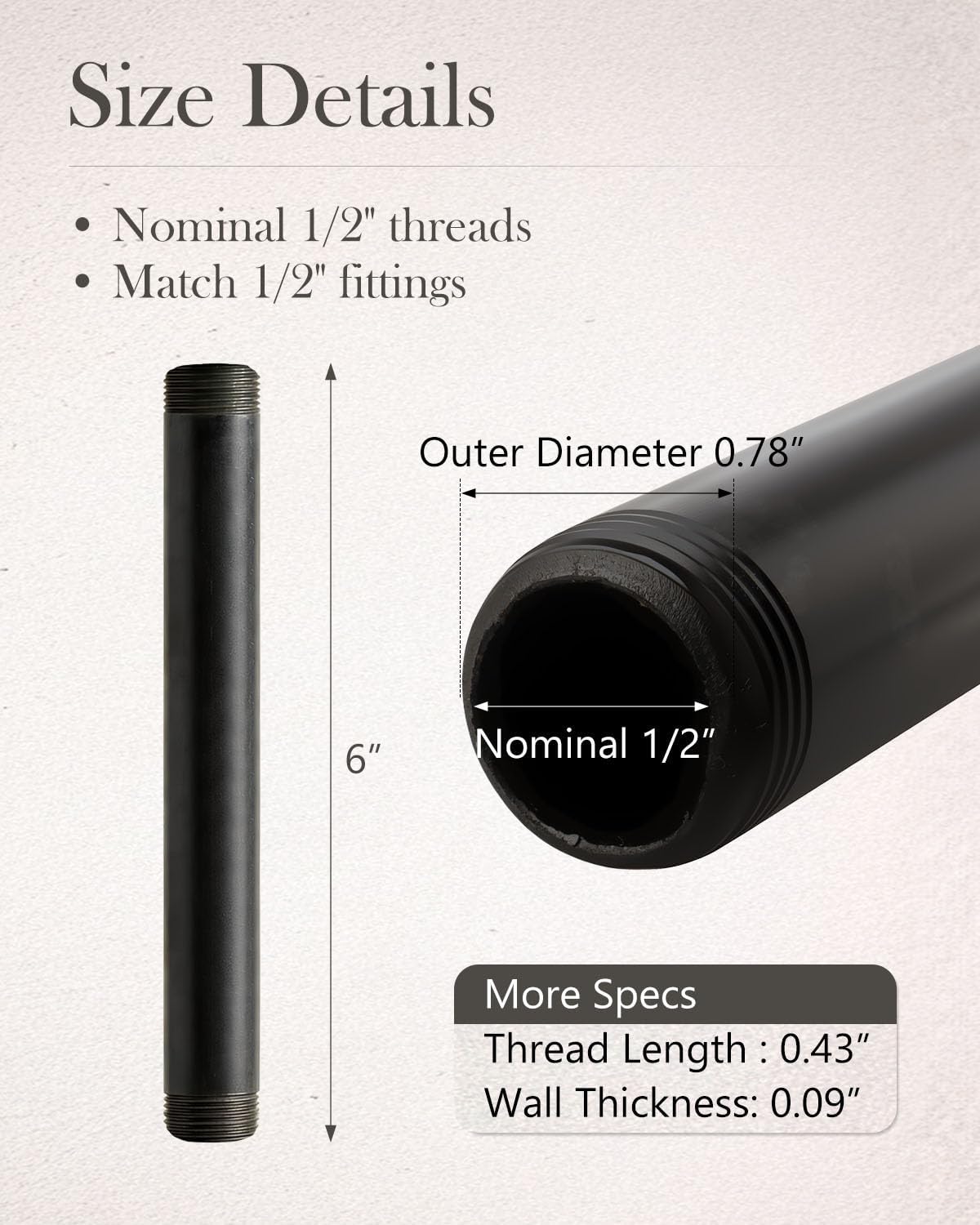 10 Pack 1/2 x 6 Inches Black Pipe Malleable Steel Nipples Fitting