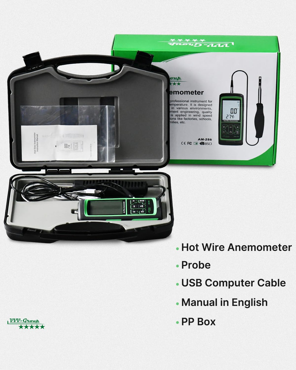 Hot Wire Anemometer AM-286, CFM/CMM HVAC Airflow Meter, 2m Telescopic Probe