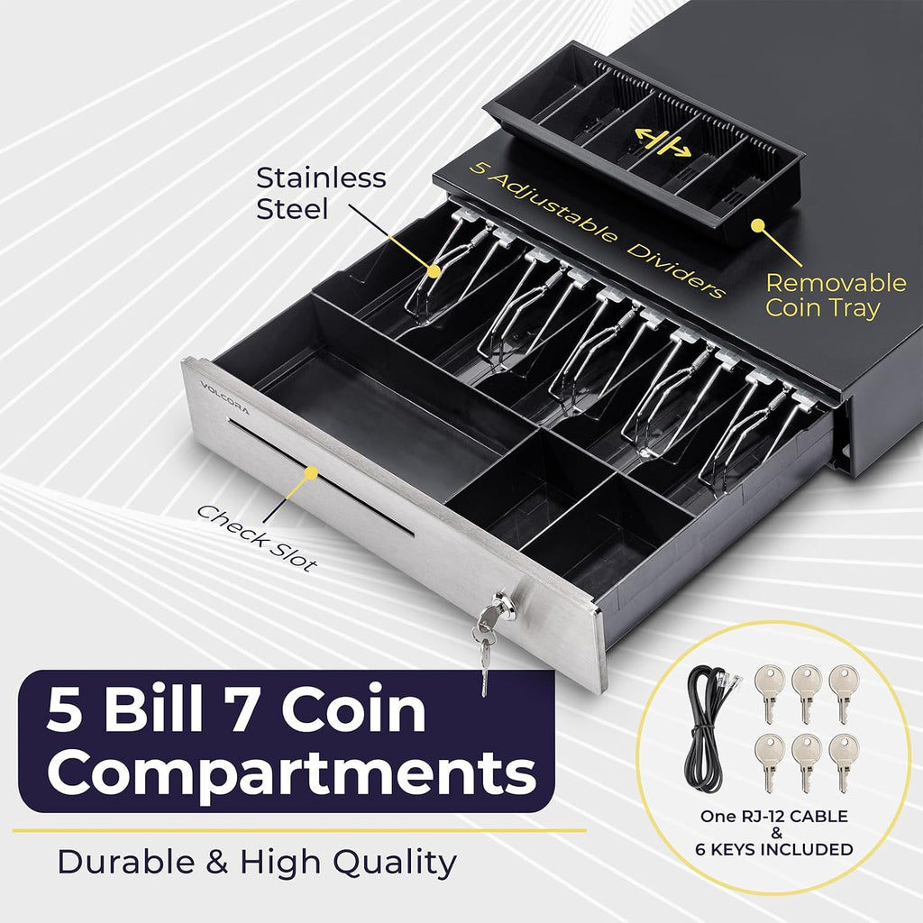 Cash Register Drawer for (POS) Point of Sale System 16", Stainless Steel Removable Coin Tray, 5 Bill/7 Coin, 24V
