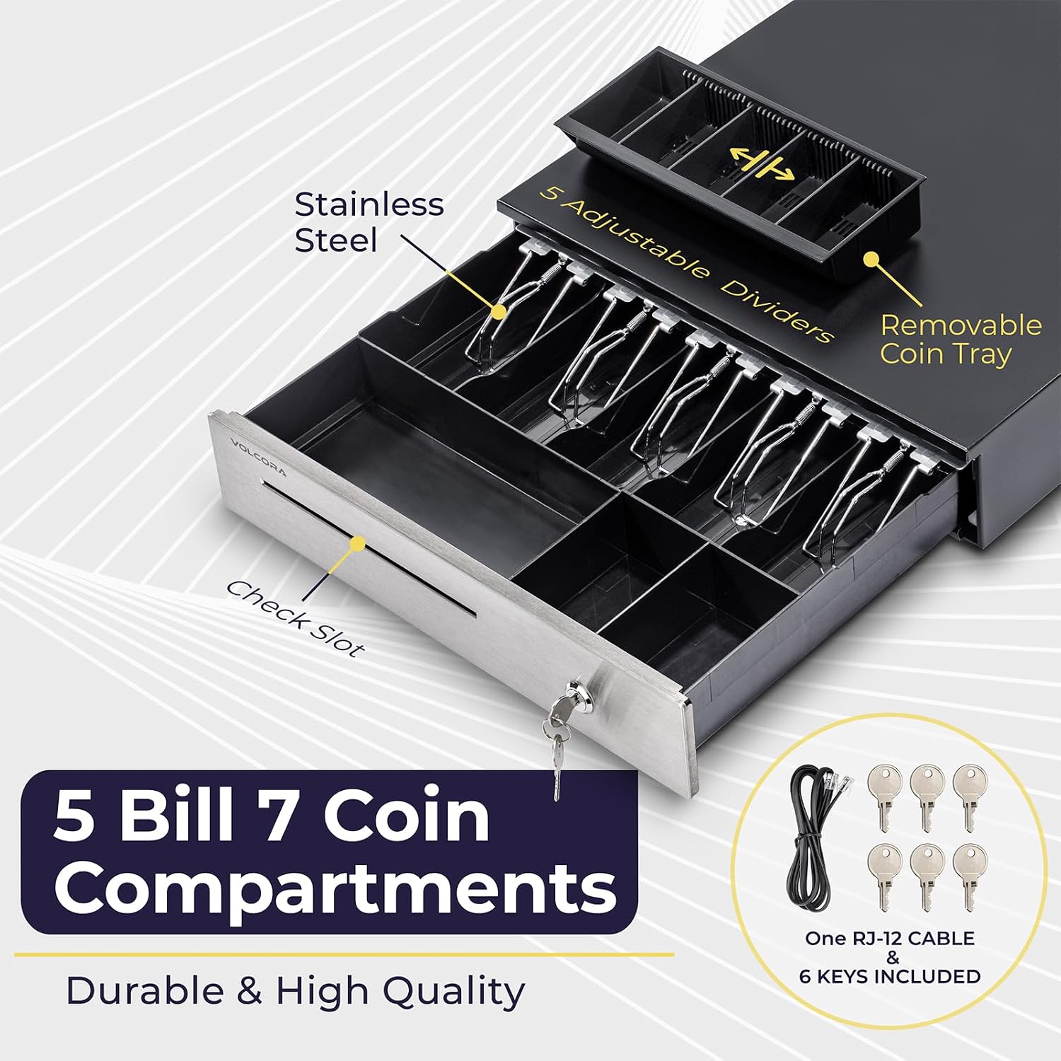 Cash Register Drawer for (POS) Point of Sale System 16", Stainless Steel Removable Coin Tray, 5 Bill/7 Coin, 24V