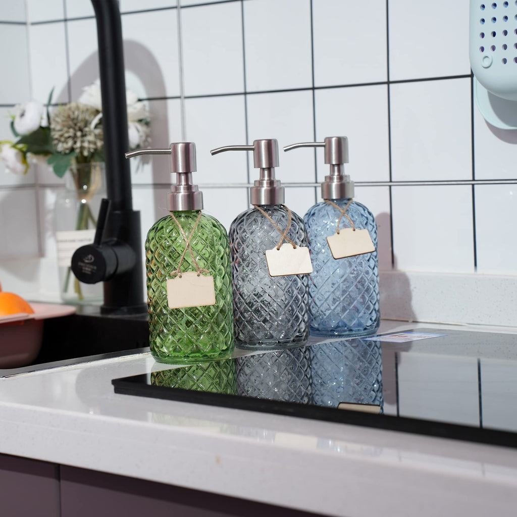 16oz Diamond Pattern Glass Soap Dispenser with Rust Resistant Pump