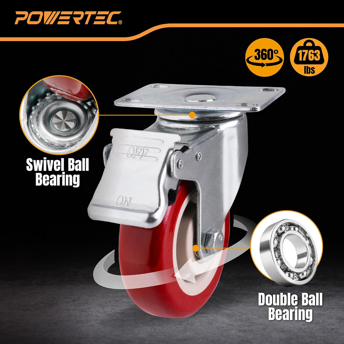 4" Swivel Caster Wheels Set of 4 with Dual Locking Brake, Heavy Duty Plate Casters, 1763 lbs Static Load, for
