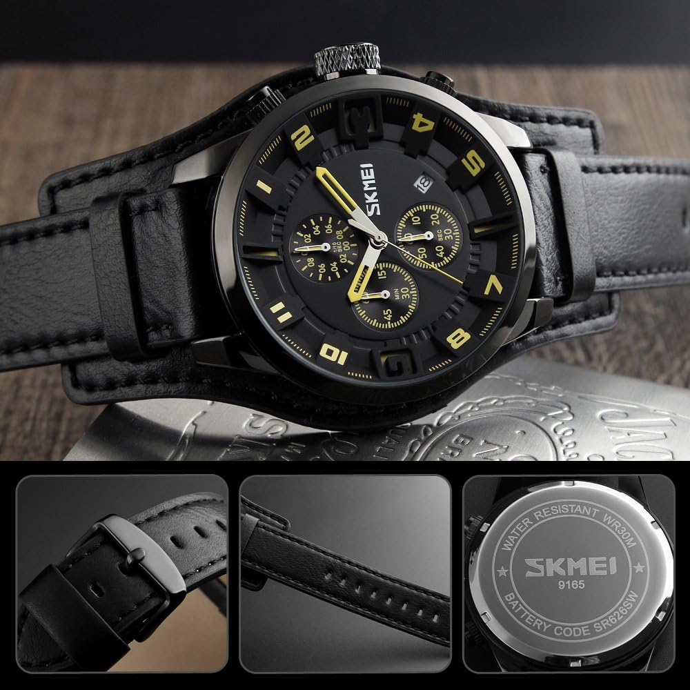 Mens Wide Leather Cuff Sport Watch for Men Large Dial 47mm Analog Quartz Watches Waterproof Chronograph Watch