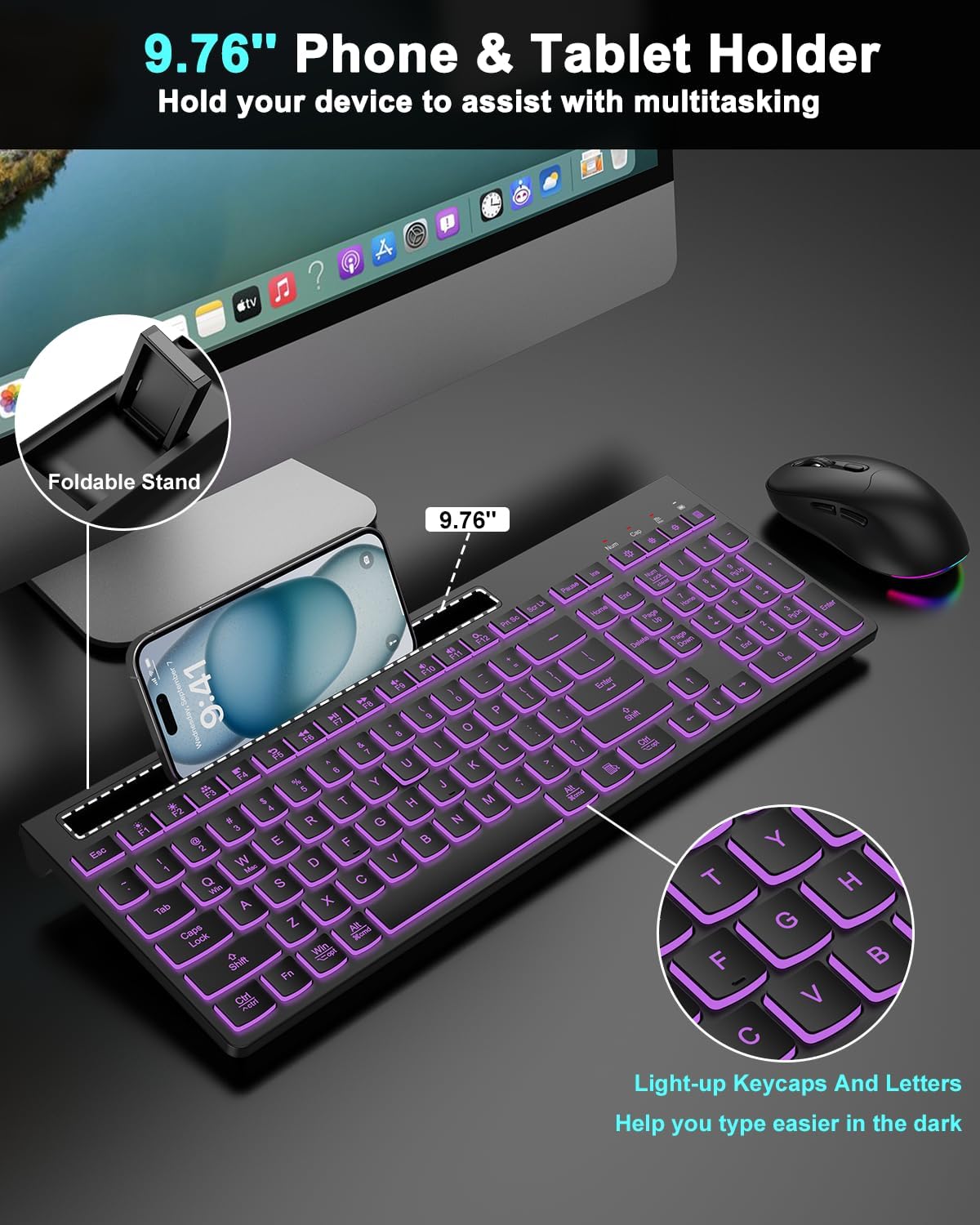 Wireless Keyboard and Mouse Combo, 7 Backlit Effects, Light Up Letters, Rechargeable, Phone Holder, 6 Button Mouse