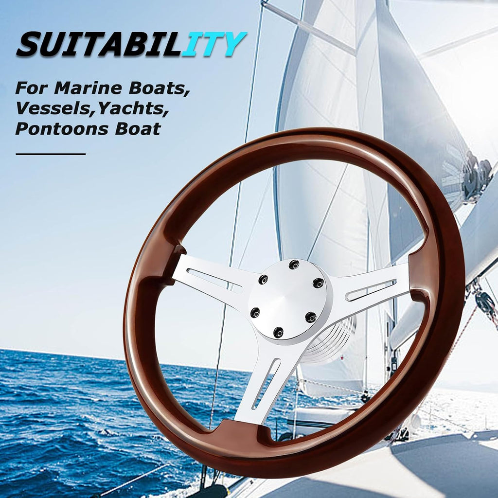 13.8" Boat Steering Wheel with 3/4" Tapered Shaft, 6 bolts Wood Grain Classic Nostalgia Boat Steering Wheel for Seastar and Verad, for Marine Boats, Yacht,Vessels,Pontoon Marine-Mirrored-silver
