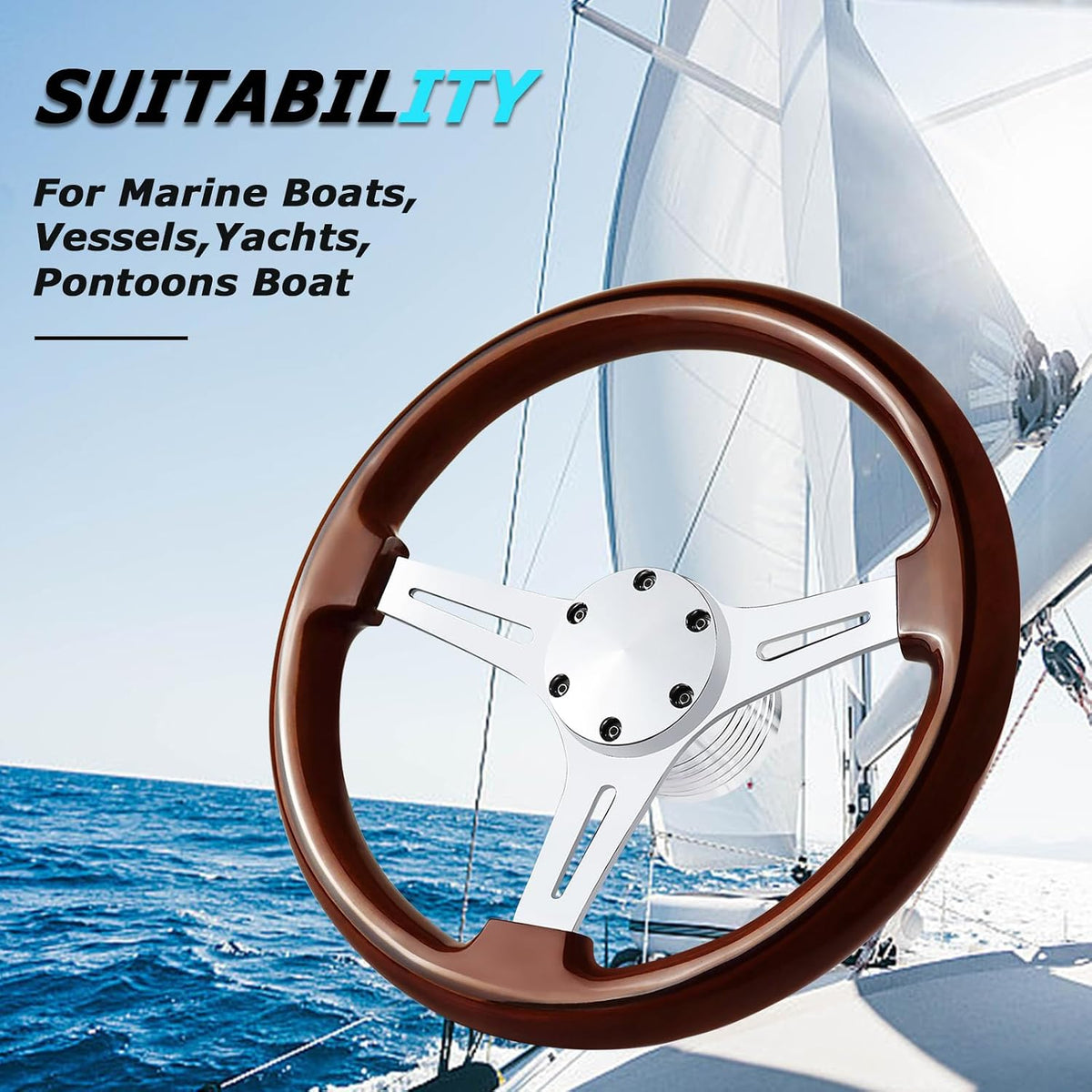 13.8" Boat Steering Wheel with 3/4" Tapered Shaft, 6 bolts Wood Grain Classic Nostalgia Boat Steering Wheel for Seastar and Verad, for Marine Boats, Yacht,Vessels,Pontoon Marine-Mirrored-silver
