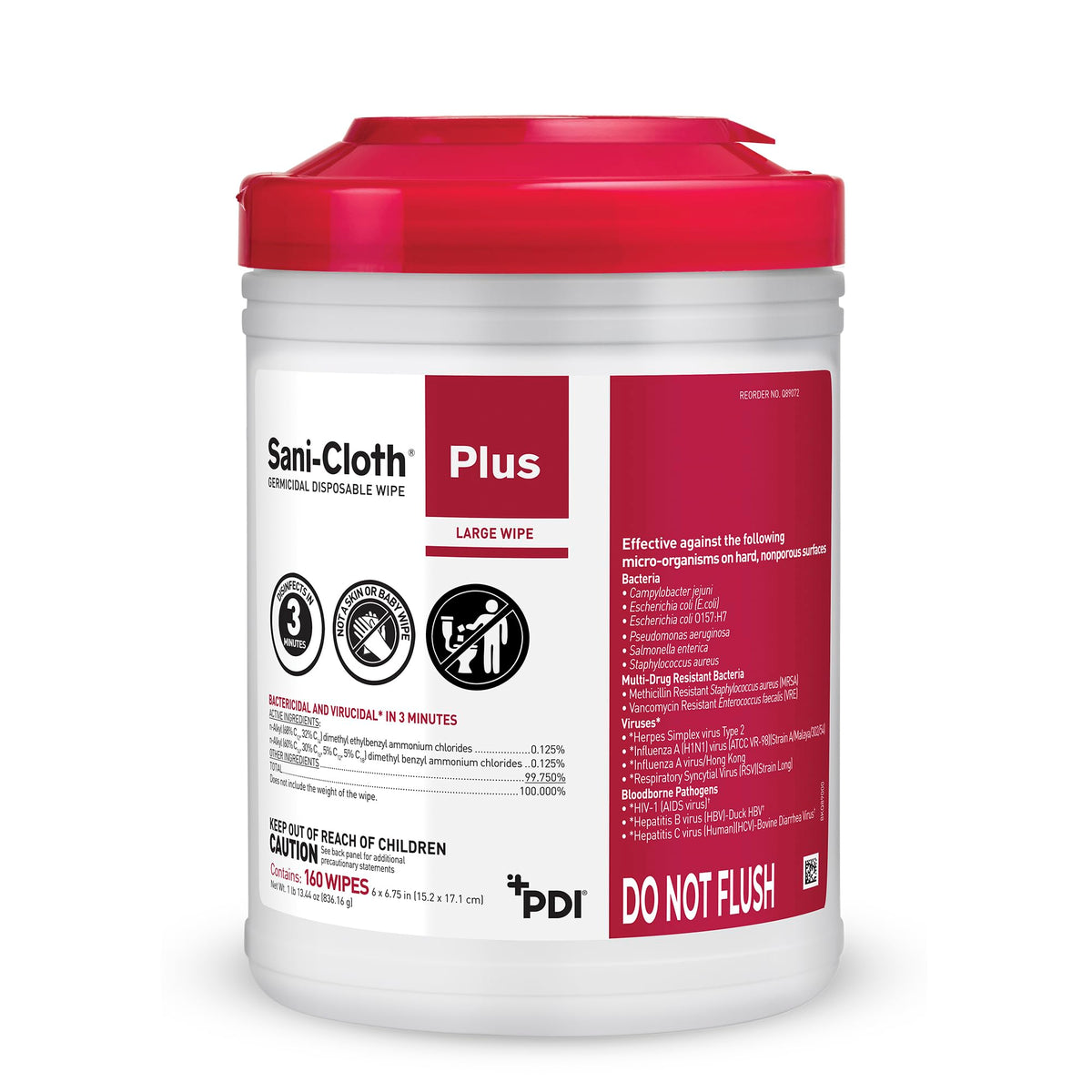 Sani-Cloth Plus Germicidal Cloth, Pack of 160, 6" x 6-3/4" Large Wipes
