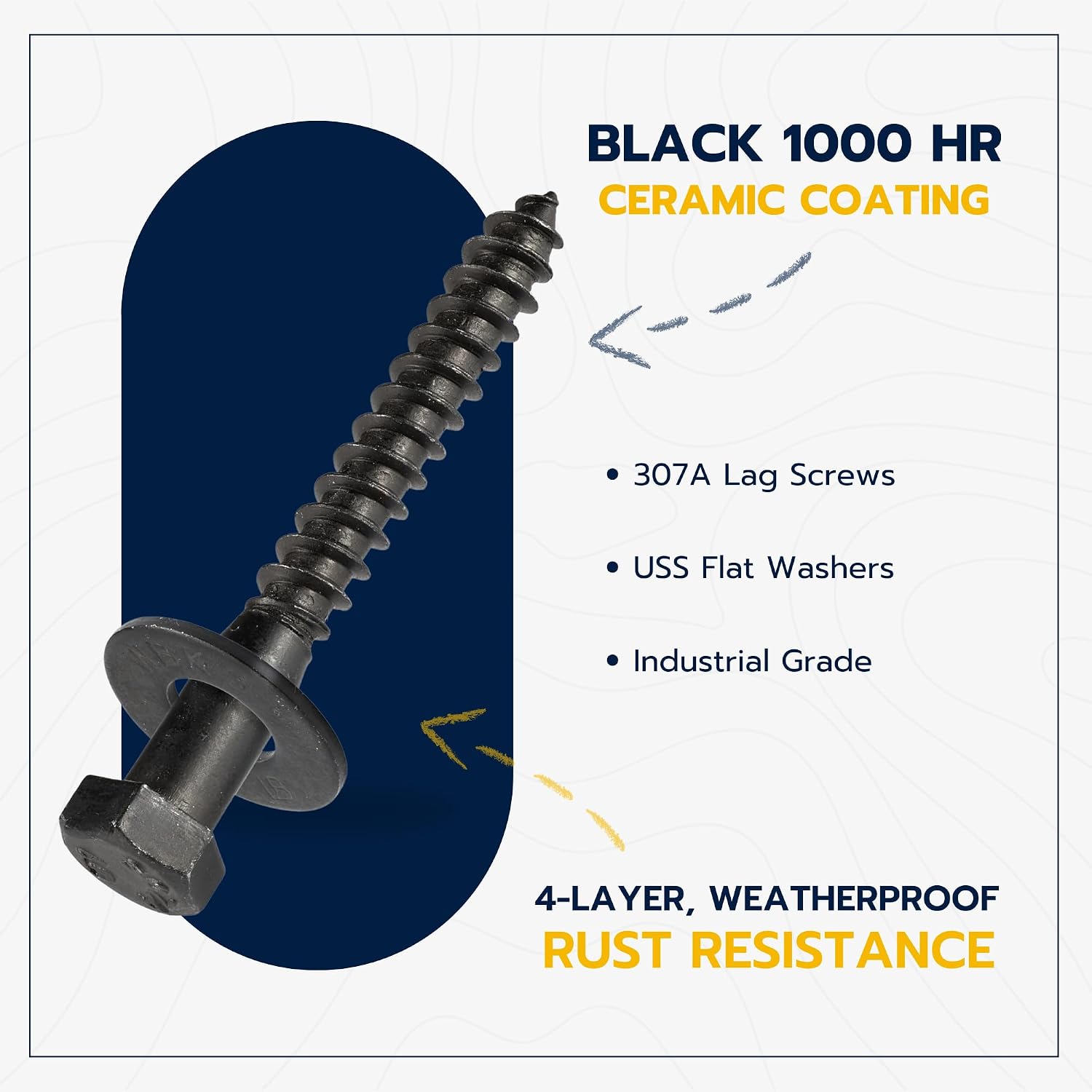 3/8 x 2-1/2 (50 Pack) Lag Screw Kit, 50 Screws and 50 Washers, Ceramic Black Ruspert Coating for Exterior Use, Meets
