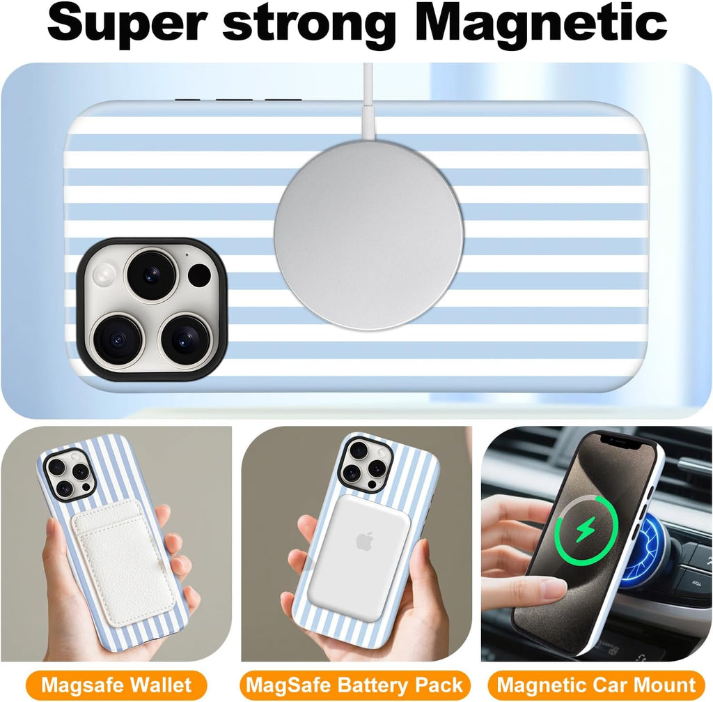 Magnetic for iPhone 11 Case Cute Stripes Phone Case, Blue&White | Aesthetic Striped Shockproof Slim TPU and Hard PC