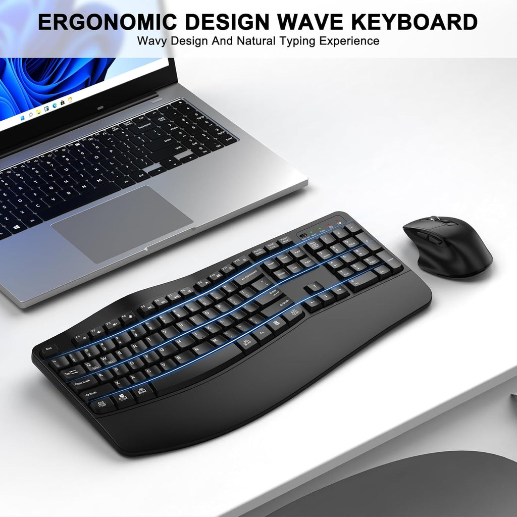 Wireless Keyboard and Mouse Combo, 2.4G Ergonomic Wave Keys(Black) | Full Size Wave Keyboard with Wrist Rest, 3-Level