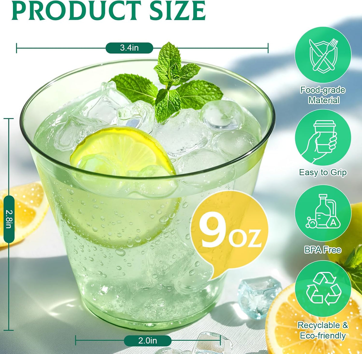 9 OZ Green Disposable Plastic Cups Cocktail Cup 50 Pack