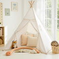 Kids Teepee Tent - Natural Canvas Playhouse with Fringe, Washable Fabric, Tipi Sleepover Tent - Perfect for Indoor &