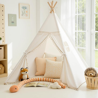 Kids Teepee Tent - Natural Canvas Playhouse with Fringe, Washable Fabric, Tipi Sleepover Tent - Perfect for Indoor &