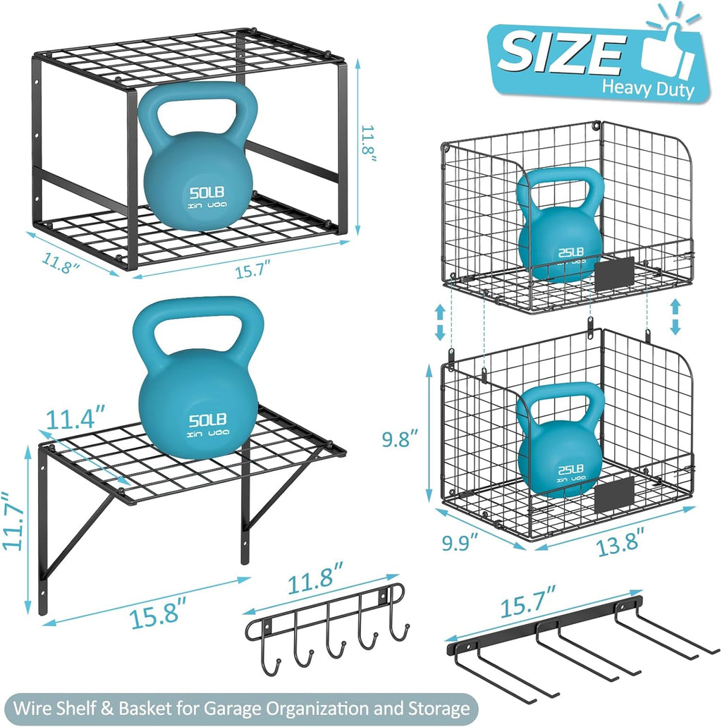 Garage Shelf Wall Mounted with Wire baskets, Heavy Duty Garage Wall Shelving with Garden Tool Rack and Hooks, Wire