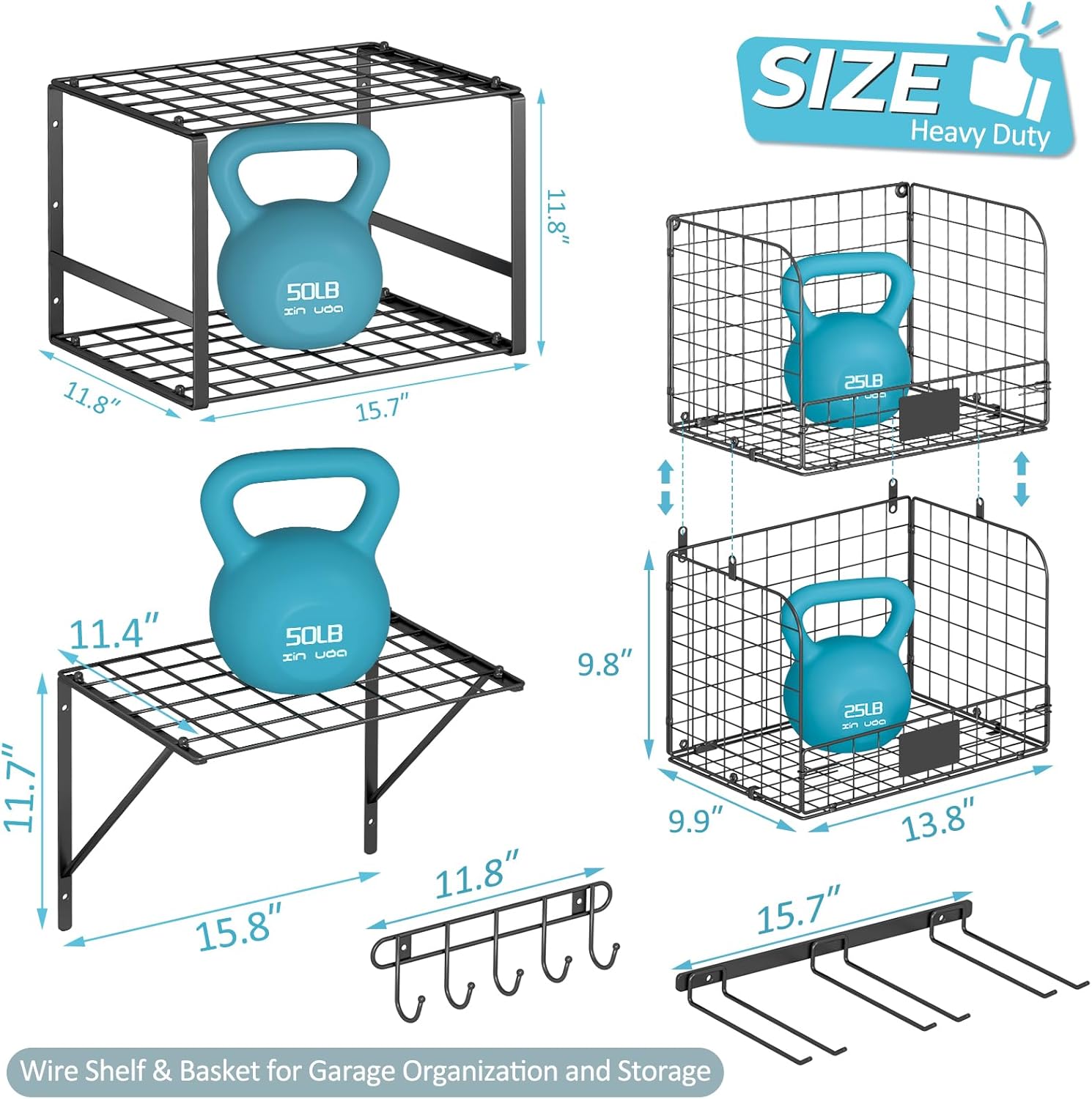 Garage Shelf Wall Mounted with Wire baskets, Heavy Duty Garage Wall Shelving with Garden Tool Rack and Hooks, Wire