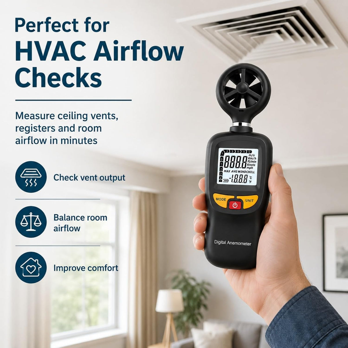 Digital Anemometer HVAC,Air Flow & Wind Speed Meter with Temperature