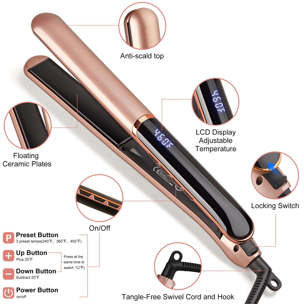 Flat Iron Hair Straightener with Floating Plates, Adjustable Temp