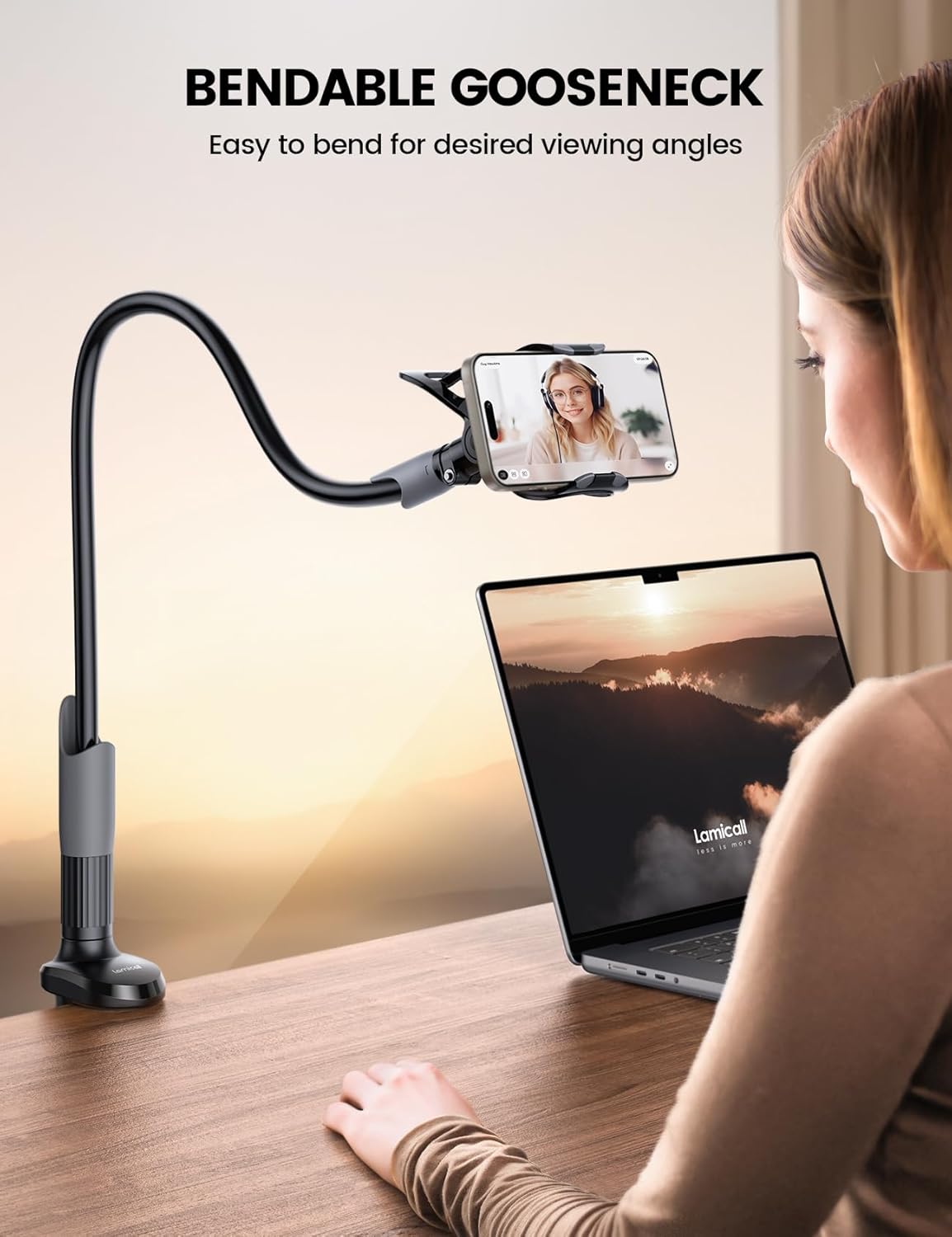 Gooseneck Phone Holder for Bed - Cell Phone Mount Clamp Clip, Flexible Long Arm, Overhead Mount for Desk Headboard