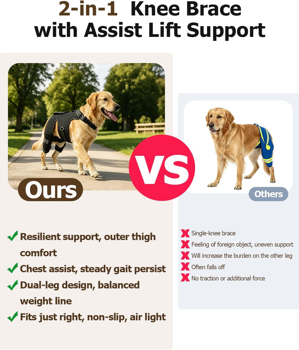 2-in-1 Dog Knee Brace and Lift Harness, Adjustable Back Leg Support with Stabilizers for ACL Recovery & Joint Care