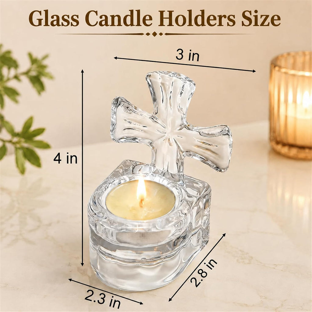 6 Pack Clear Glass Cross Tea Light Candle Holders, 4-inch Tall Crystal Votive Candle Holders for Religious Home