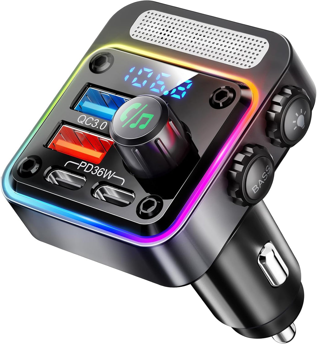 54W Bluetooth 5.3 Car Adapter, FM Transmitter 4-Port Fast Charging | Wireless FM Radio Music Player with Deep Bass, 5