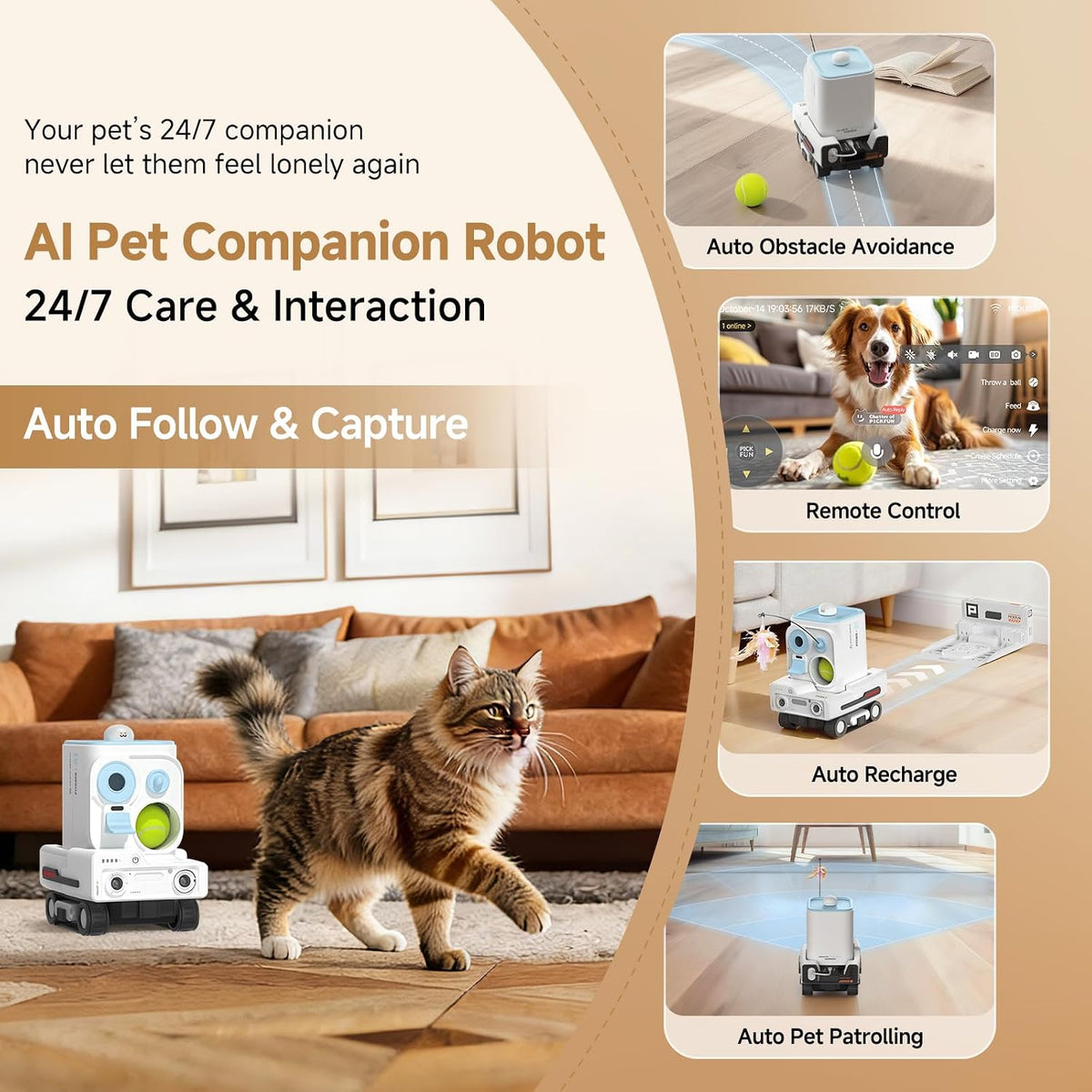 Pmate AI Pet Camera Robot Companion for Dogs & Cats Robot Camera with Visual Recognition Remote Video Interaction