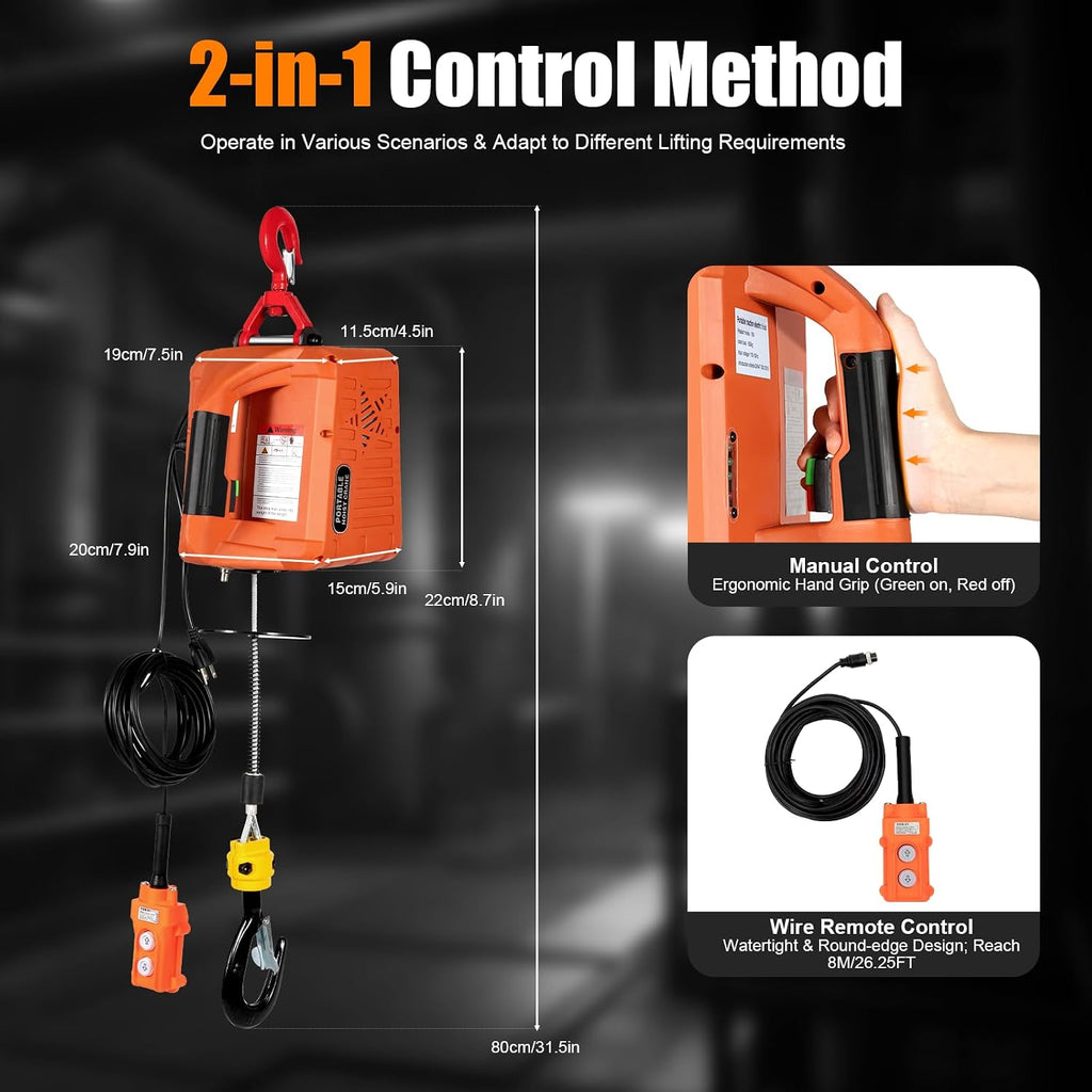 3 in 1 Electric Hoist Winch - 2200LBS 38FT 110V Manual, Wired and Wireless Remote Control for Factories, Warehouses