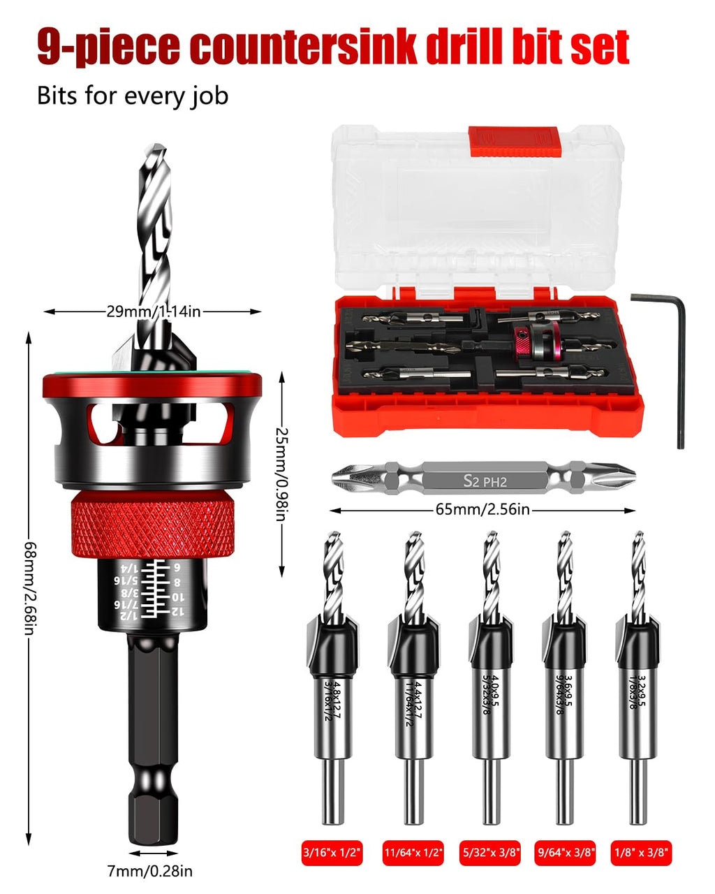 9PCS Countersink Drill Bit Set with Adjustable Depth Stopper