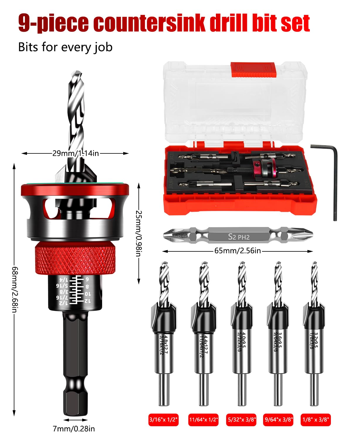 9PCS Countersink Drill Bit Set with Adjustable Depth Stopper