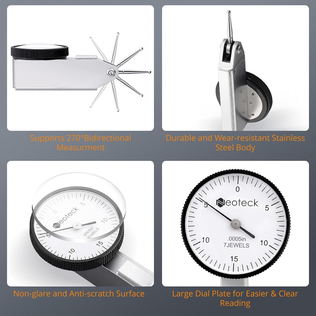 Neoteck 0-0.03"/0.0005" Dial Test Indicator with Storage Case,Brass Body