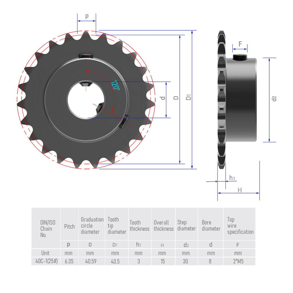 FOCMKEAS 20 Tooth Roller Chain Sprocket, 25 Chain, 8mm Bore