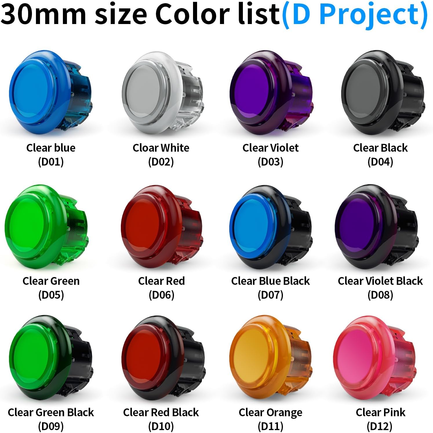 Gravity KS Mechanical Arcade Buttons 30mm Snap-in Mechanical Pushbutton (Boxed (Clear Pink D12(8 pcs))