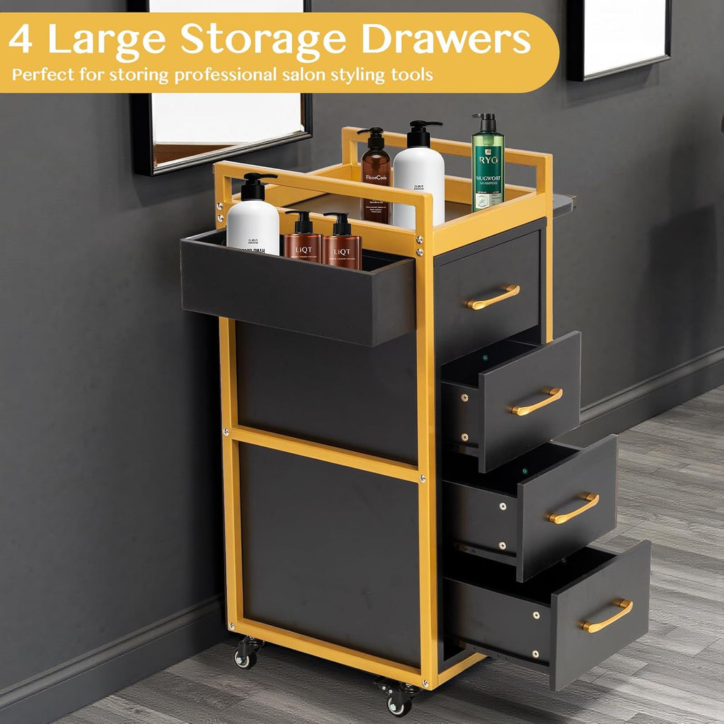 Beauty Salon Trolley Cart w/4 Drawer, 5 Tool Holders, Black & Gold | Lockable Salon Cabinet with 360° Wheels, Mobile