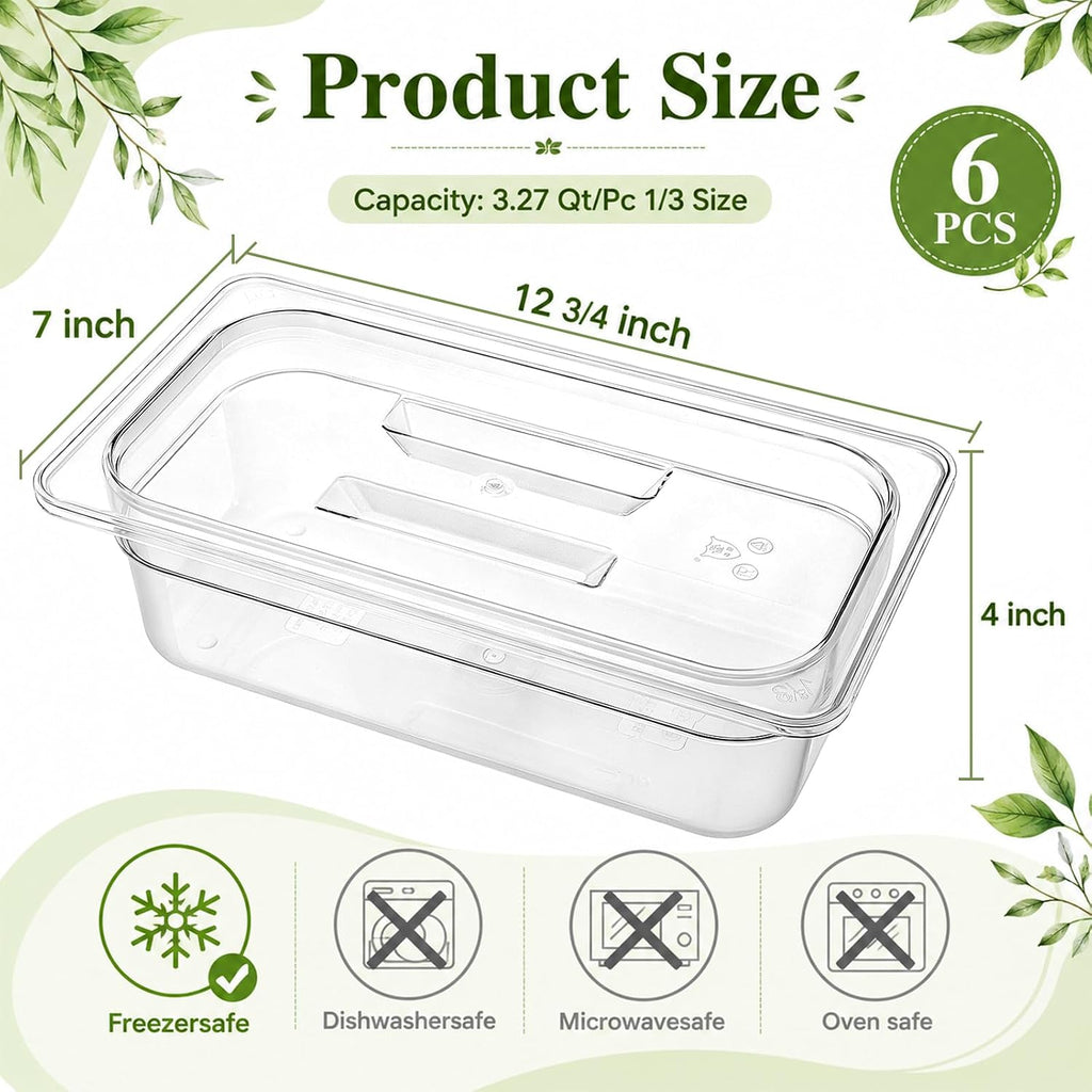 6 Pack Plastic Clear Food Pans with Lids, 1/3 Size 4 Inch Deep Stackable Commercial Polycarbonate Pans for Kitchen