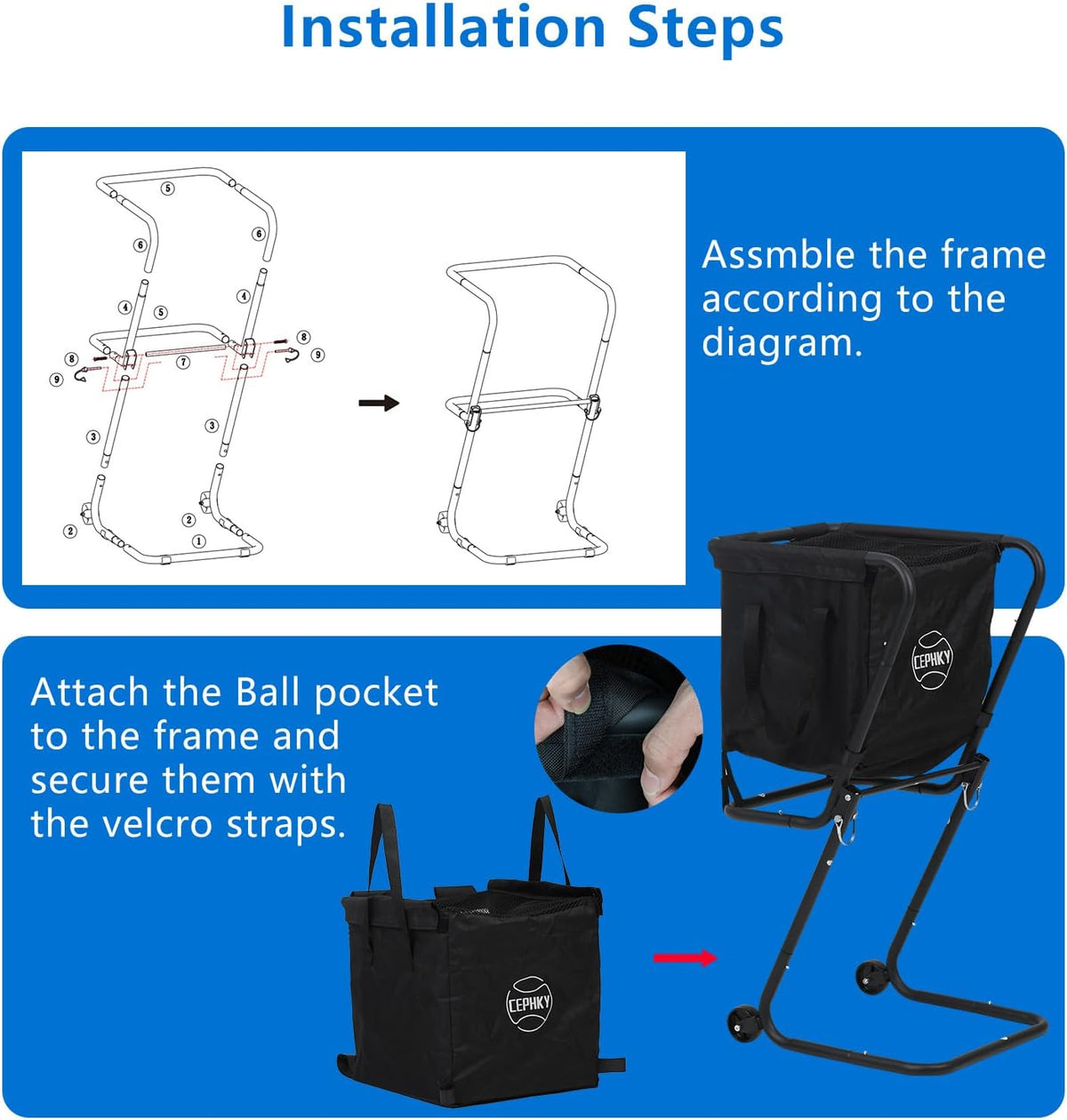 Portable Tennis Ball Hopper with Wheels, Foldable Ball Caddy Holder for Baseball, Pickleball, Softball and Tennis