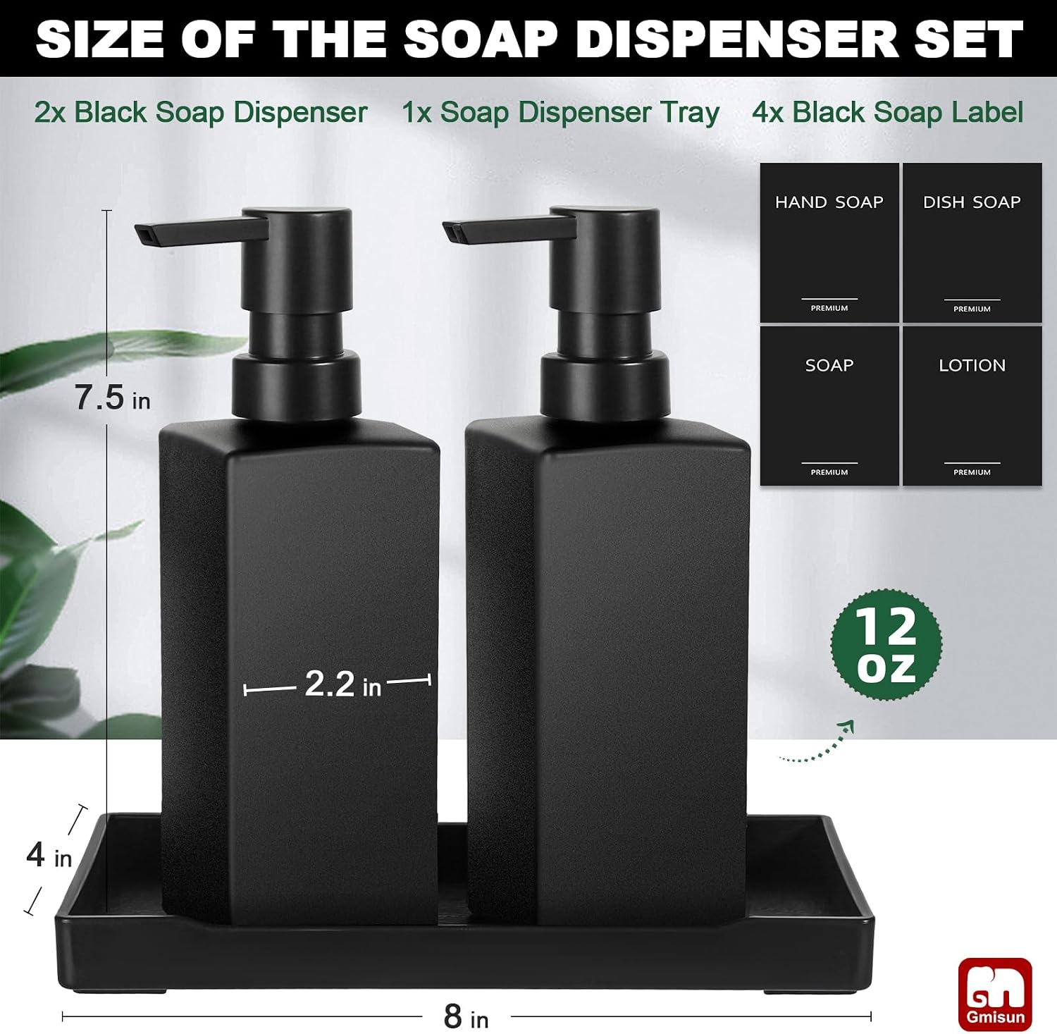 Kitchen Soap Dispenser Set, Hand and Dish Soap Dispensers, 12 fl oz/350 ml Black Soap Dispenser with Tray, Glass Dish