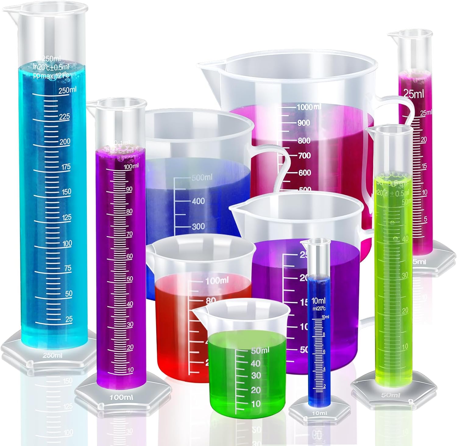 Graduated Cylinder Plastic Beaker, 5pcs Plastic Graduated Cylinder 10ml 25ml 50ml 100ml 250ml and 5pcs Plastic