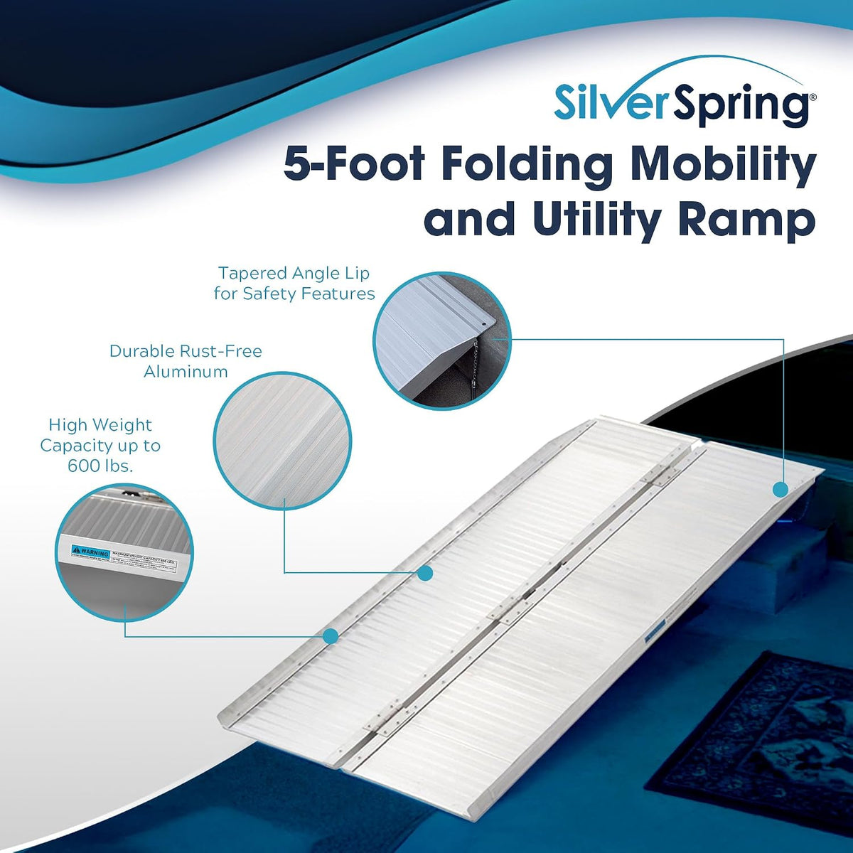 5' Threshold Ramp for Home Enty, 600 lb Cap, Silver Spring