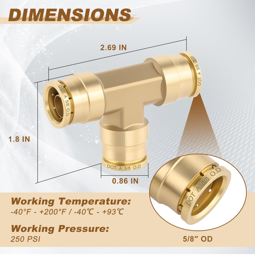 Boeray 5/8" Brass Union Tee, DOT Approved 3-Way Air Line Connector 2PCS