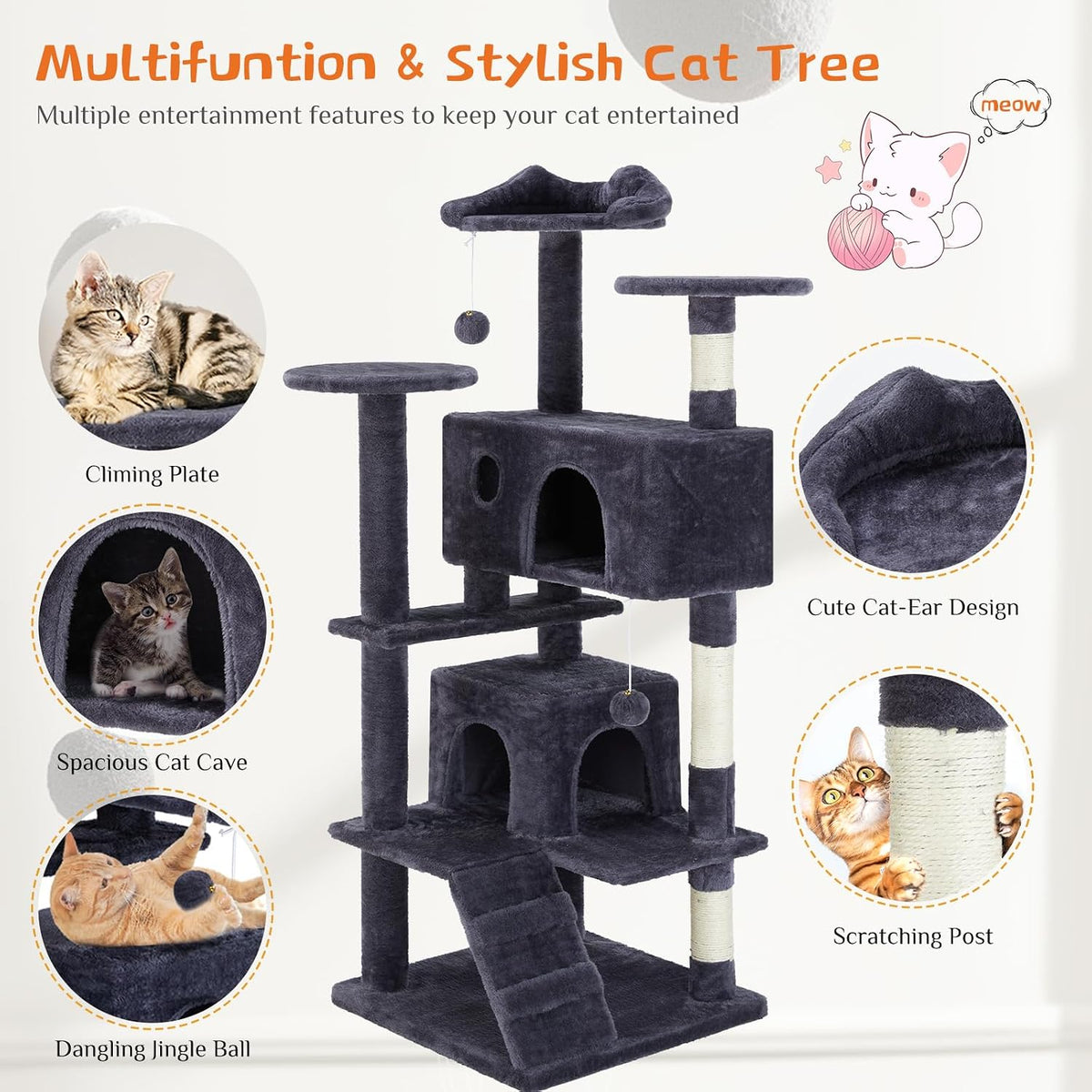 54 Inch Cat Tree Tower with Sisal Scratching Posts