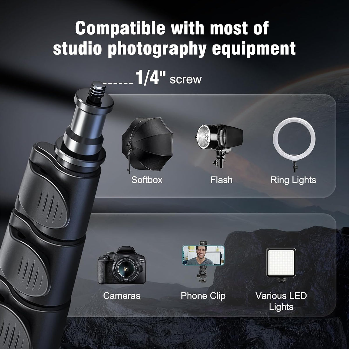 Photography Light Stand, 17.7–76.8" Adjustable Aluminum Tripod Light Stands with 1/4" Thread, Max Load 6.6lb