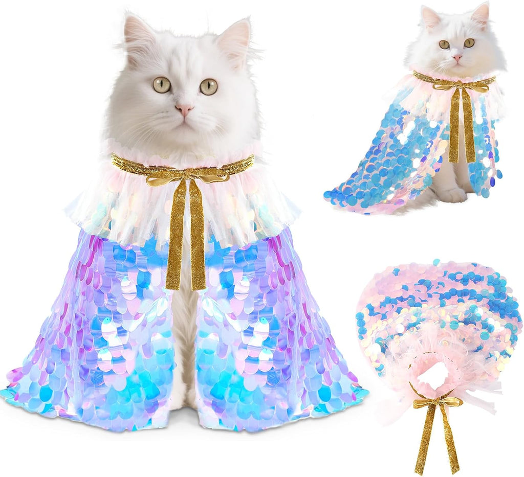 2 Packs Halloween Cat Costumes, Small Funny Sequins Halloween Cat Wizard Cape Adjustable Pet Wizard Cloak for Little