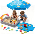 Kids Excavator Sandbox with Umbrella & Cover, Construction Sandbox Set with Beach Toys & Dump Truck, Outdoor