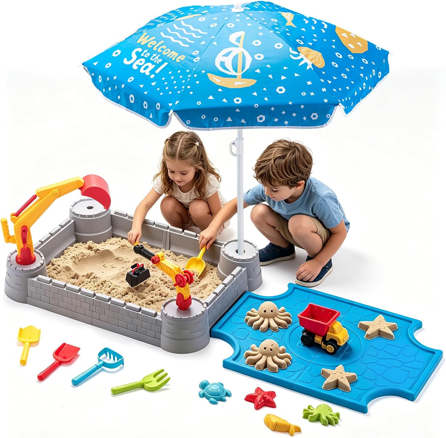 Kids Excavator Sandbox with Umbrella & Cover, Construction Sandbox Set with Beach Toys & Dump Truck, Outdoor