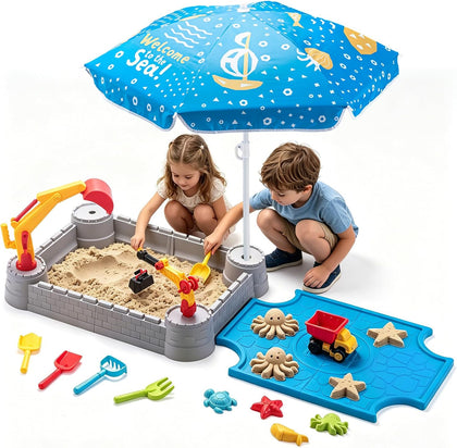 Kids Excavator Sandbox with Umbrella & Cover, Construction Sandbox Set with Beach Toys & Dump Truck, Outdoor