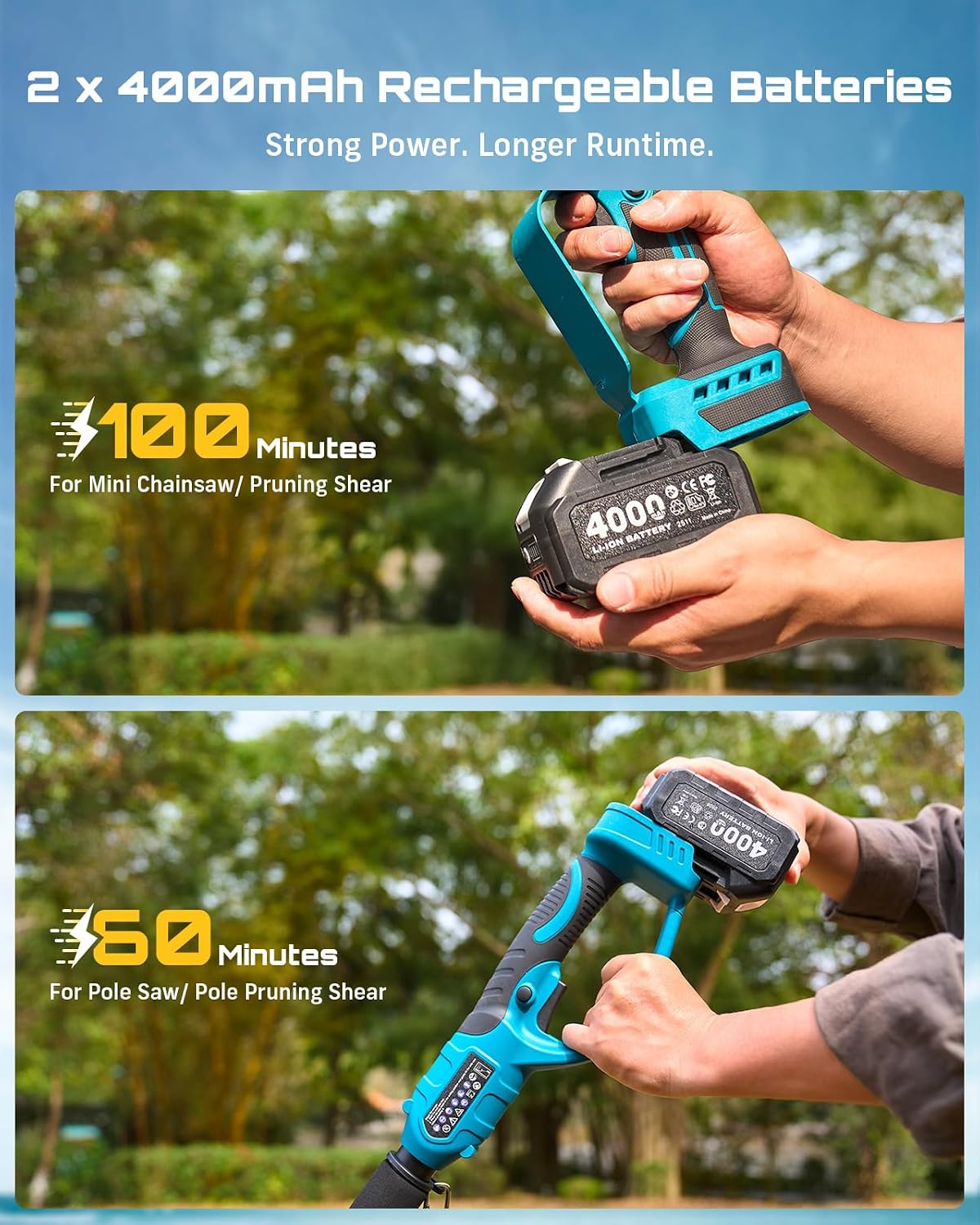 4-in-1 Pole Saw & Pruning Shears Combo Kit with Brushless Motor | 2 x 4000mAh Batteries, 6" Mini Chainsaw & 1.2"