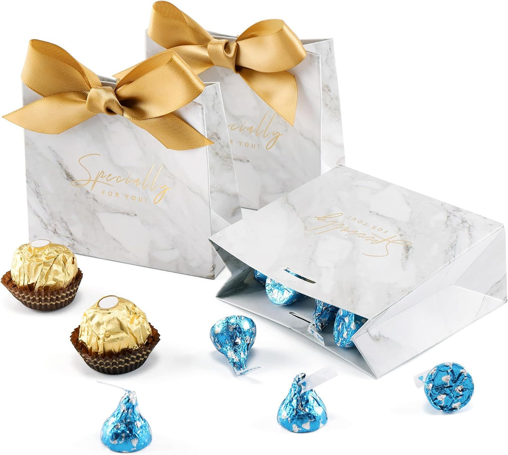 50 Pcs Wedding Party Favor Boxes, Small Thank You Gift Bags Candy Boxes with Gold Bow Ribbon Wedding Bridal Shower